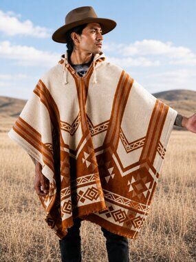 Mens Womens Hooded 100% Wool Poncho Southwestern Handwoven Pullover Cloak Coat